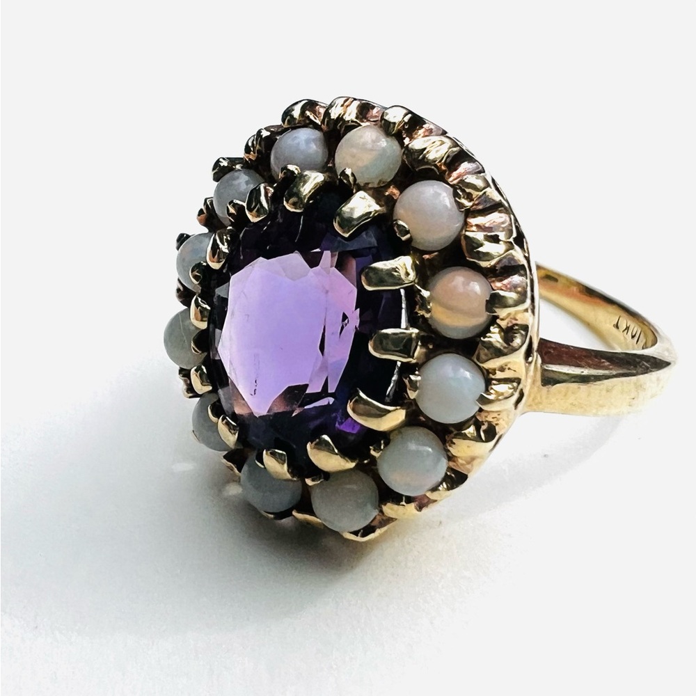 Vintage Amethyst and Seed Opal 10k Gold Ring Size 5.5/6 Estate Hallmarked - Picture 2 of 16